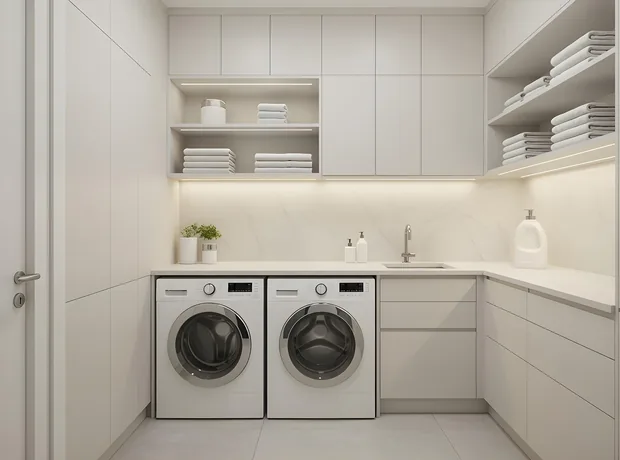 Fitted home laundry room with a washer and dryer side by side