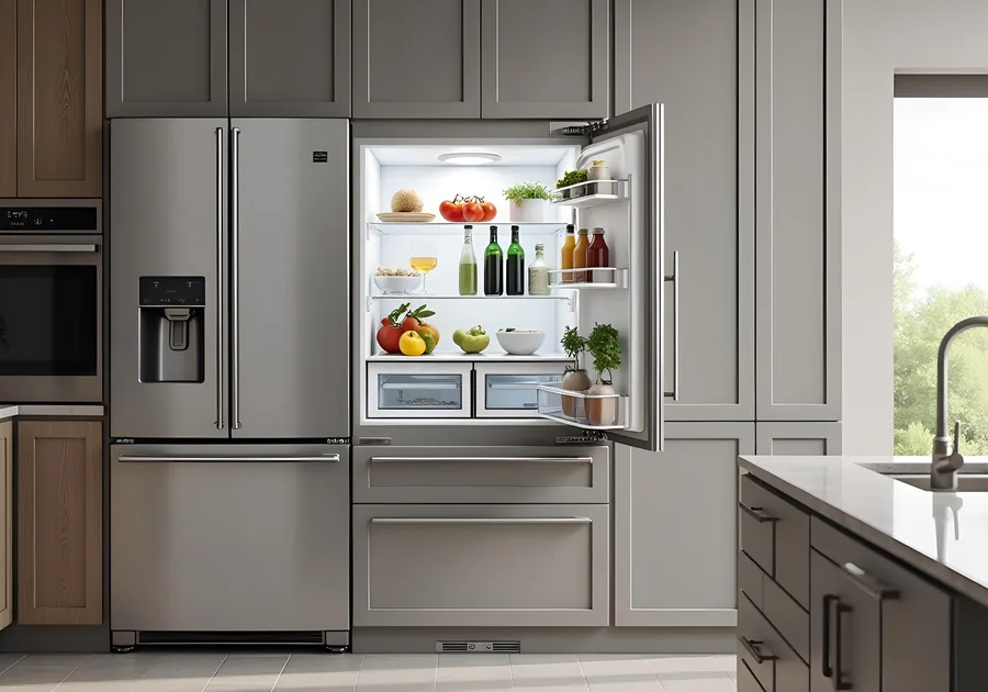 Stainless steel French door refrigerator in a bright fitted kitchen