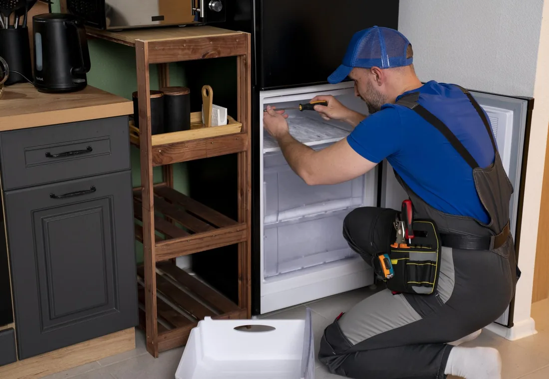 Appliance technician working in a bright home kitchen